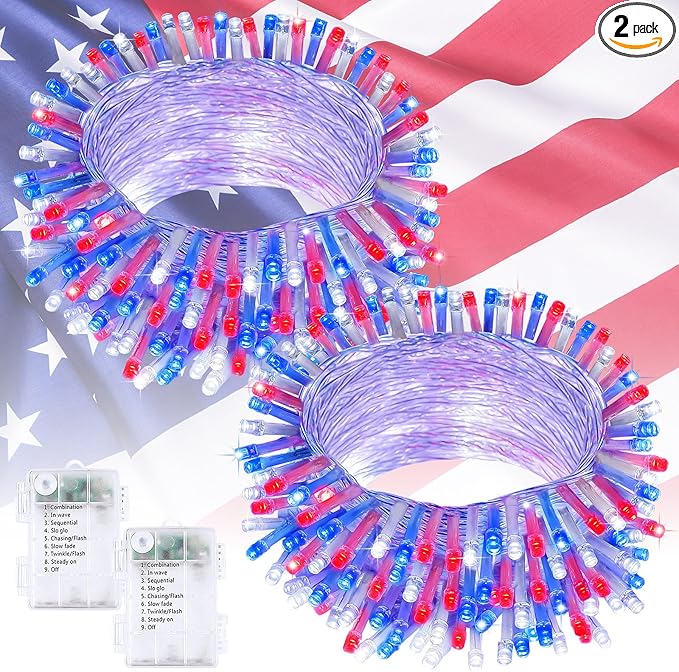 2 Pack Red White and Blue Fairy Lights Battery Operated, 33FT 100LED July 4th Patriotic String Lights with Timer, 8 Modes Waterproof Twinkle Light Indoor Outdoor for Independence Day National Day