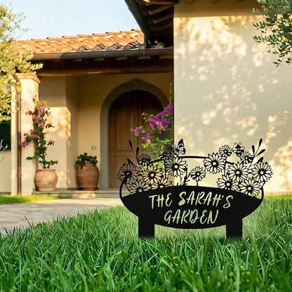 Custom Metal Flower Garden Sign with Stake, Personalized Garden Signs for Outside, Customized Garden Name Signs for Yard Lawn Outdoor Decor Gardening Gifts for Moms Grandmas Gardeners