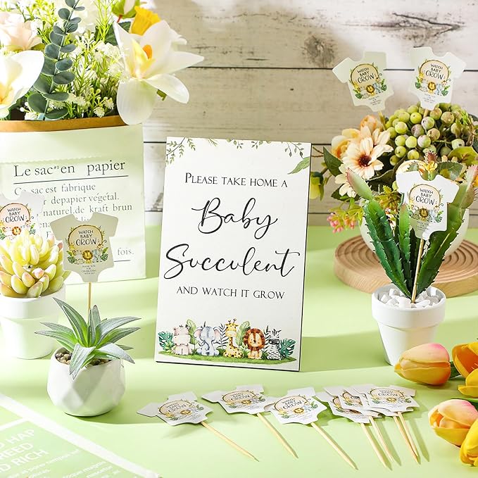 Newcotte Baby Shower Party Favors Succulent Tags Include 1 Piece Wooden Table Sign 50 Sets Succulent Plant Marker Succulent Favors Baby Shower Decoration(Animal)
