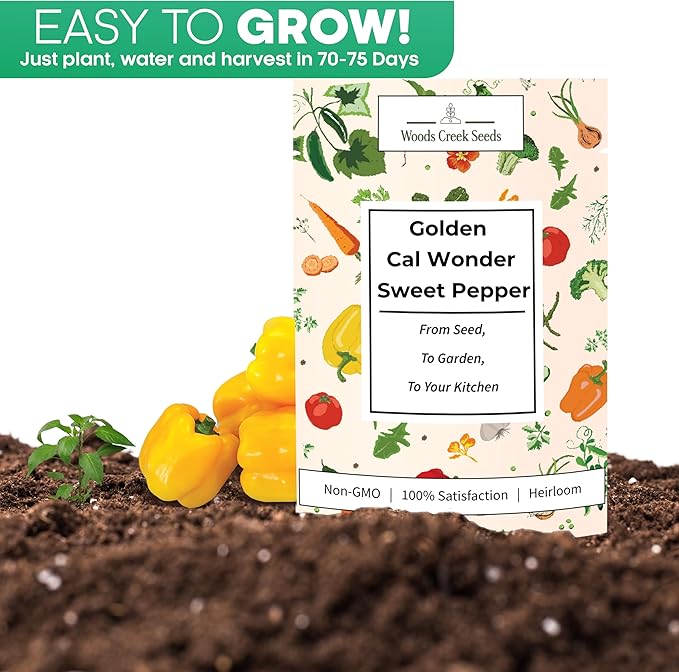 Golden California Wonder Bell Pepper Seeds for Planting – Heirloom Non-GMO Sweet Golden Bell Peppers for Home Gardens | Woods Creek Seeds