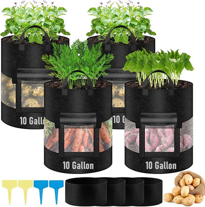 4 Pack 10 Gallon 360°Visible Potato Grow Bags,Heavy Duty Thickened Nonwoven Fabric Planter Bags with 2 Clear Harvest Windows&Removable Shading Cover,Reinforced Handles,Vegetable Grow Bags with Labels