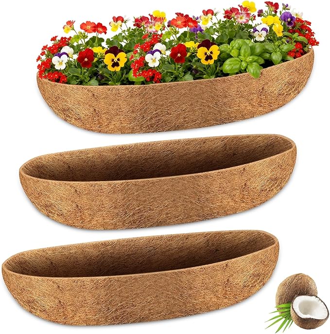 Halatool 3 Pack 36 Inch Trough Coconut Liners for Planters Natural Coco Fiber Replacement Liners for Window Box Fence Railing Wall Windowsill Planter