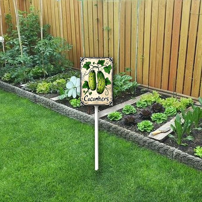 Uptell Vegetable Garden Cucumbers Yard Sign Label With Stake Plant Markers For Outdoor Plants Waterproof 7x8.8inch Nursery Garden Outdoor Sign