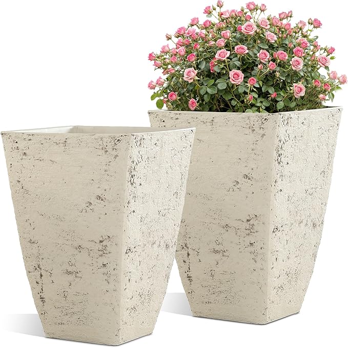 19" H Country White Square Planters for Outdoor Plants, Set of 2 Large Flower Pot with Drainage Hole, Weather-Resistant for Porch,Garden, Patio or Indoor Use