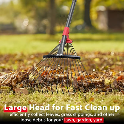 Adjustable Garden Leaf Rake for Lawns - Heavy Duty Metal With 18 Clog-Free Tines, 9"-17" Collapsible Head, 75 in Long Handle - Yard Tools for Gardening, Camping, Fast Cleanup