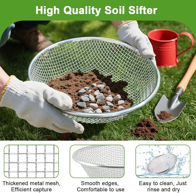 Soil Sifter Galvanized Screen, Soil Sieve for Compost Dirt Sand Rock, Rust-Resistant Sifter for 5 Gallon(1/8in,1/4in)