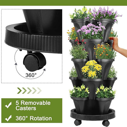 Umigy 2 Set 5 Tier Stackable Planters Vertical Garden Planters for Strawberry Herb Flower and Vegetable Indoor Outdoor Gardening Pots with Removable Wheels and Bottom(Black)