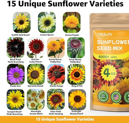 15+ Varieties 5000+ Sunflower Seeds for Planting, 4 Oz Heirloom Non-GMO Sunflower Mix Seeds to Plant (Giant Mammoth, Dwarf) Garden Variety Pack, High Germination, Attracts Pollinators