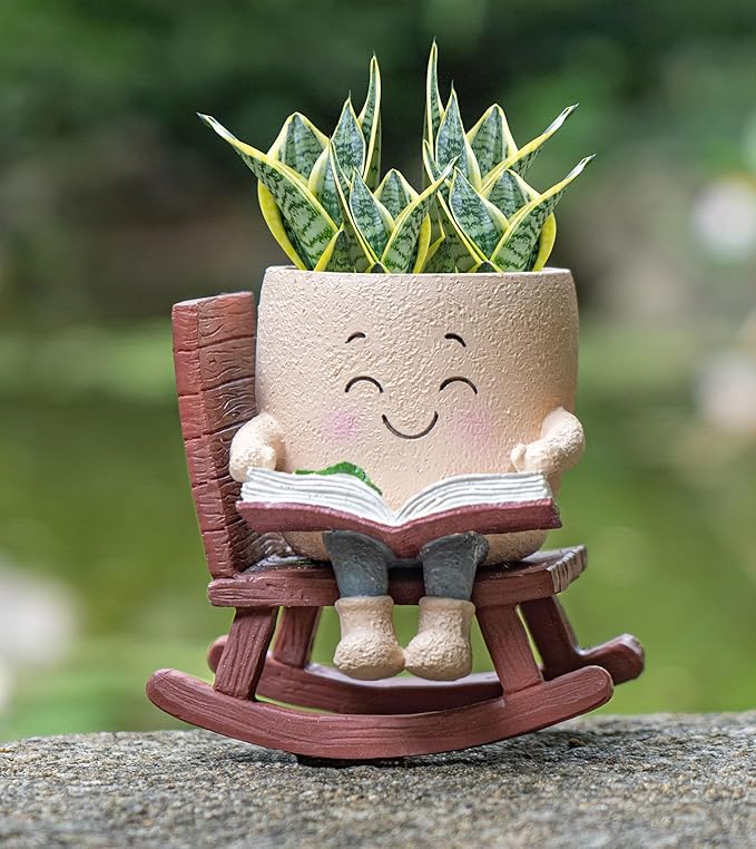 Rocking Chair Smiley Face Planter with Drainage Hole, Cute Plant Pots for Indoor Outdoor Plants,Unique Flower Pot for Succulents, Gift for Mother's Day, Birthday, Christmas