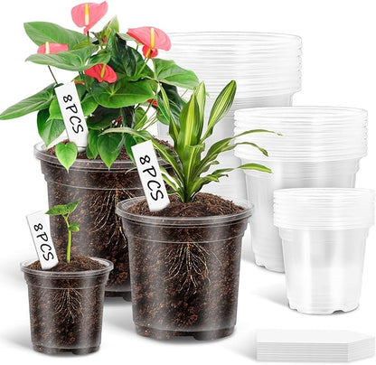 24 Pack 4/5/6" Planters for Indoor Plants,Clear Nursery Pots with Drainage, Nursery Pots for Planting,High Transparency Plastic Flower Pots with 24 Labels