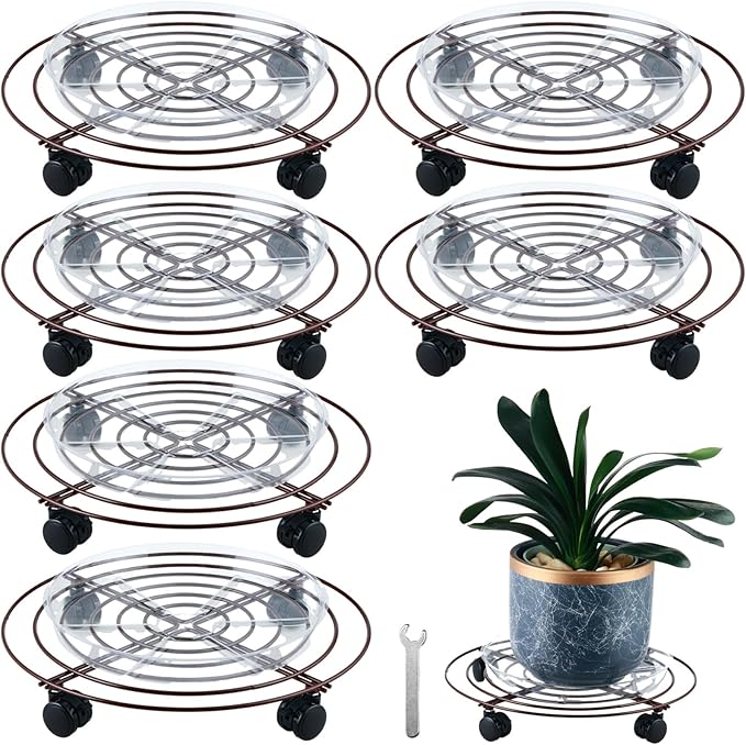6 Packs Large Metal Plant Caddy with Wheels 14" Rolling Plant Stands Heavy-duty Wrought Iron Plant Roller Base Pot Movers Plant Saucer on Wheels Bronze