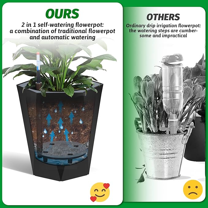 GarveeLife 16 Inch Tall Planters Set of 2, Outdoor Planters Self Watering Plant Pots with Water Level Monitor, Multiple Drainage Holes, Flower Pots for Patio, Porch, Living Room, or Home Office, Black