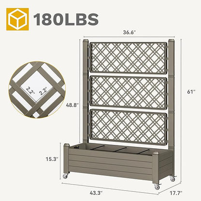 DWVO 3.6 x 1.5 x 5 FT Raised Garden Bed with Trellis, Large Outdoor Planter Trellis Box with Drainage Holes and Wheels for Climbing Plants, Light Brown