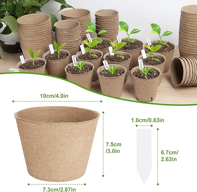 65 Pcs Organic Peat Pots, 4 Inch Nursery Pot Set, Round Plant Seedling Pots with Drainage Holes, Small Seed Starting Starter Tray Bulk, Garden Germination Container with 65 Plant Labels