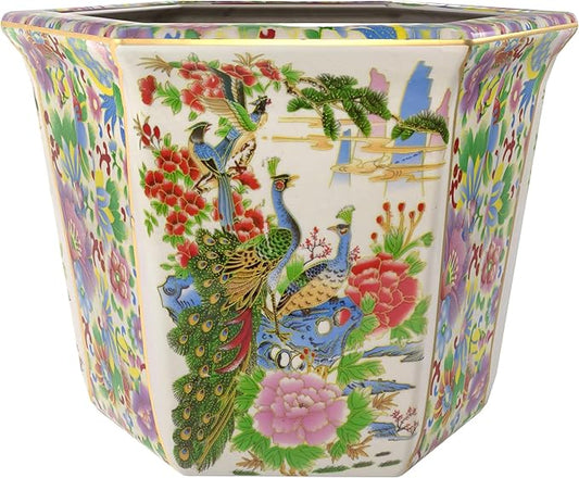 Red Lantern 12" Hexagonal Flower Pot - Satsuma Peacock