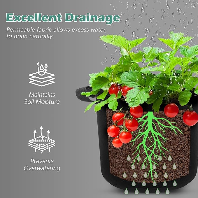 5-Pack 5 Gallons Grow Bags - Heavy Duty 300G Thickened Aeration Nonwoven Fabric Pots with Handles - Ideal Cloth Pots for Plants - Planters Accessories, Garden Vegetables Supplies