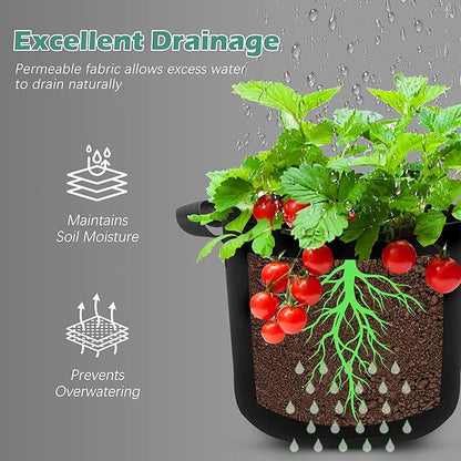 5-Pack 2 Gallons Grow Bags - Heavy Duty 300G Thickened Aeration Nonwoven Fabric Pots with Handles - Ideal Cloth Pots for Plants - Planters Accessories, Garden Vegetables Supplies