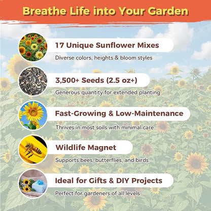 Sunflower Seeds for Planting | Giant Mammoth Sunflower Bulk Packet 3000+ Heirloom Seeds | High Germination, Open Pollinated Sunflower Seeds to Plant for Home Garden, Outdoors & Attracts Pollinators