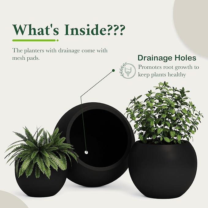 DTY Mount Sherman 21.1'' D x 16.7'' H (Pot Opening 14.6") Fiberstone Round Planter with Drainage Hole, Smooth Finishes, Weather Resistant for Indoor and Outdoor, 2 Extra Coco Mats - Black, Large