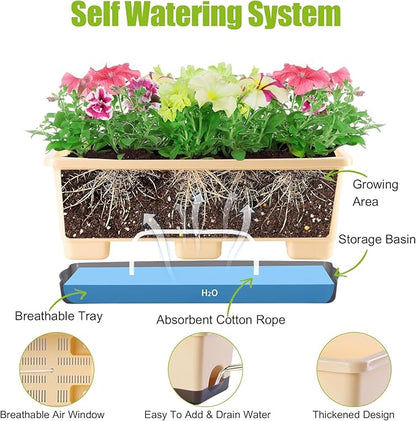 Window Box Planter 8 Pcs, 17 Inches Rectangle Flower Pots with Drainage Holes & Trays, Vegetable Planters for Windowsill Patio Garden Balcony Home Indoor Outdoor (Barley Yellow, 16 * 7 * 6 inch)