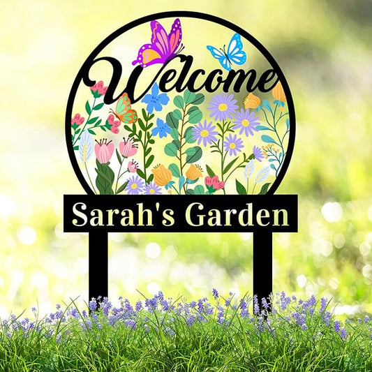 Personalized Multicolored Flowers Garden Sign with Stakes, Custom Metal Colorful Butterfly Flower Garden Stake Welcome Sign, Customized Text Outdoor Decor Yard Signs Plaque for Gardener Mom