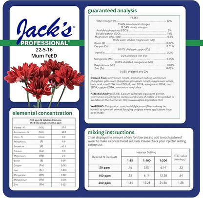 Jack's Professional 22-5-16 Mum Feed Water-Soluble Fertilizer with Micronutrients for Compact Mum Growth in Continuous Liquid Feed Programs, 25lbs
