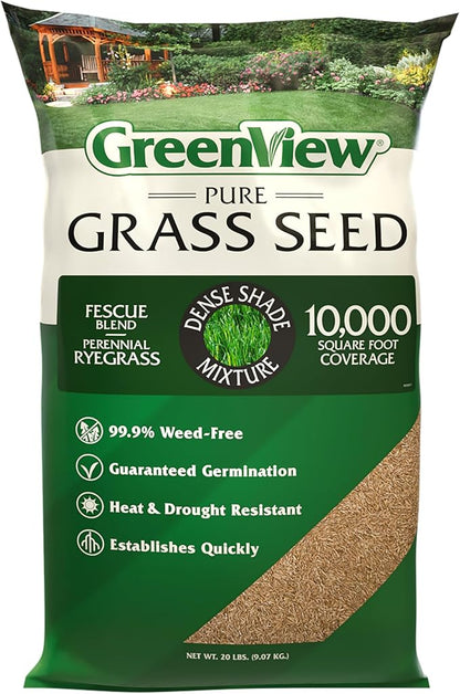 GreenView Pure Grass Seed Dense Shade Mixture, 20 lb. Bag – Covers up to 10,000 sq. ft.