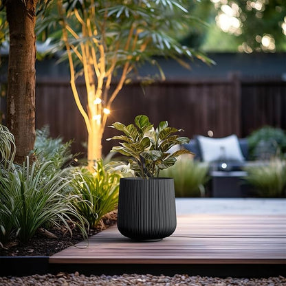 Kante 13.0" Dia Round Fluted Concrete Planter, Large Plant Pot with Drainage, Smooth Black Finish with Painted Interior, for Indoor and Outdoor Use