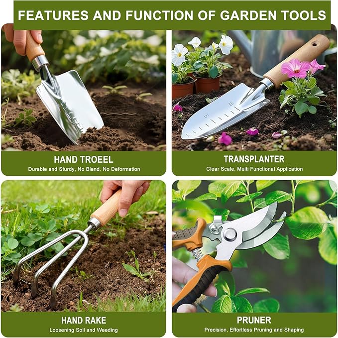 Kynup Gardening Tools, Garden Tools Set-9 Piece Gardening Gift for Women, Gardening Kit Ideal Hand Garden Tool, Thickened Stainless Steel, Rust-Proof, Garden Supplies, Essentials, Garden Stuff