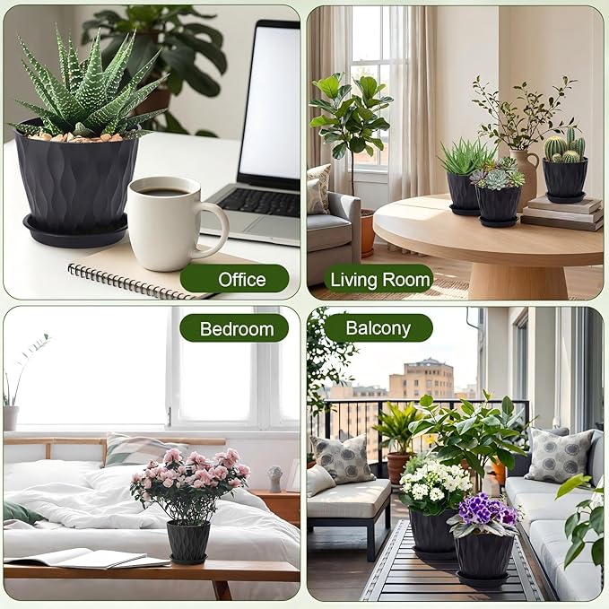 24 Pack 4 Inch Plant Pots Bulk Small Pots for Succulents Waffle Texture Plastic Planter with Drainage Holes and Saucers for Indoor Outdoor Plants Flowers, Seedlings (Black)