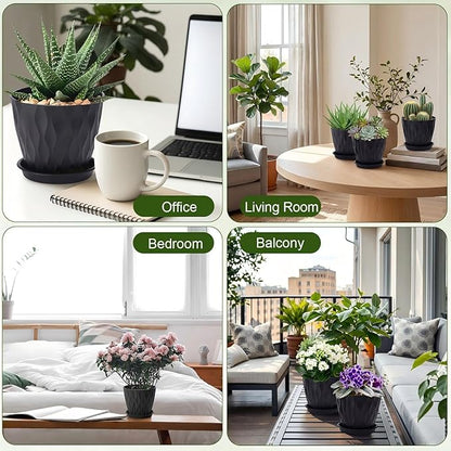 24 Pack 4 Inch Plant Pots Bulk Small Pots for Succulents Waffle Texture Plastic Planter with Drainage Holes and Saucers for Indoor Outdoor Plants Flowers, Seedlings (Black)