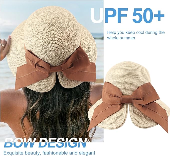 DRESHOW Sun Hats for Women Travel Fedora Foldable Beach Sun Hat Summer Wide Brim Straw Bucket Hat with Bowknot UPF 50+