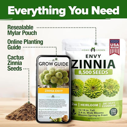 HOME GROWN Envy Zinnia Seeds (2oz) – 8500 Rare Lime Green Annual Zinnia Flower Seeds for Planting, Fast-Growing Bulk Seed Variety, Premium Garden Companion for 2026 Bloom (Zinnia elegans)