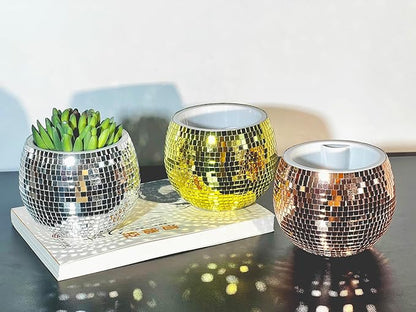 Disco Ball Planter,Disco Ball Vase,Plant Pot,Flower Pot,Mirror Plant Holder,Plastics Self Watering Disco Decor Planter for Small Plant, Party,Table,Office,Kitchen (Gold, 4X5IN)