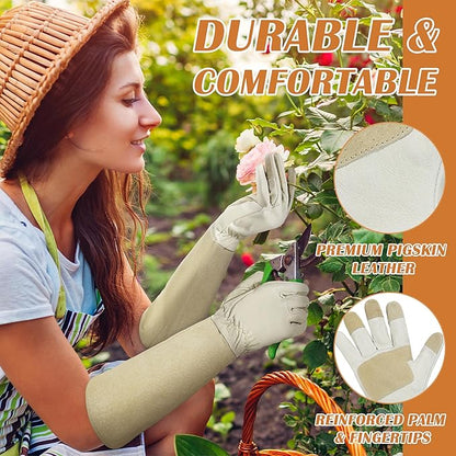 HANDLANDY Pruning Gloves Long for Men & Women, Pigskin Leather Rose Gardening Gloves- Breathable & Durability Gauntlet Glove Medium