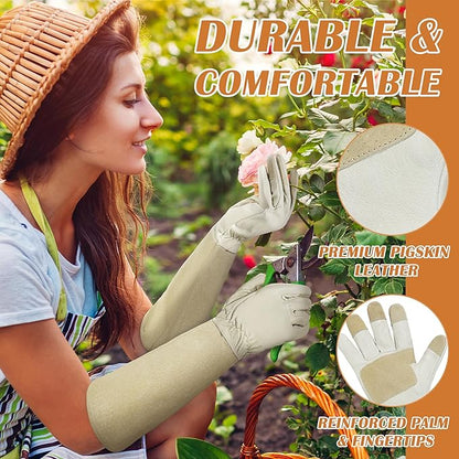 HANDLANDY Rose Pruning Gloves for Men & Women, Long Thorn Proof Gardening Gloves, Breathable Pigskin Leather Gauntlet, Best Garden Gifts & Tools for Gardener (Pack of 2)