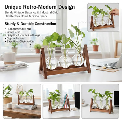 Plant Terrarium with Wooden Stand, 3 Bulb Glass Vase Metal Holder, Retro Hydroponics Planter for Home/Garden/Office Decor, for Women & Mom (1, Natural Wood, 3-Bulb)