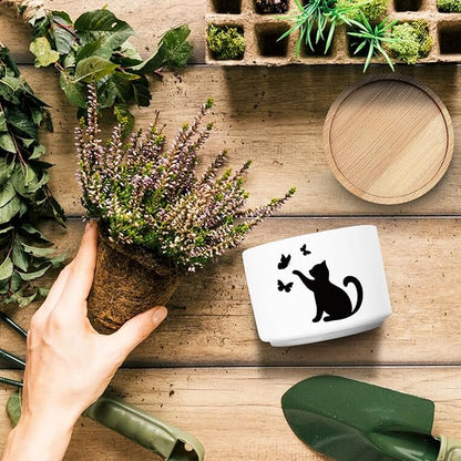 Funny Cute Cat Ceramic Planter Pot with Drainage Holes and Bamboo Tray Ideal for Succulent and Cactus Plants Decorative Indoor Home Office Gift for Cat Lovers and Plant Lovers (Plant Not Included)