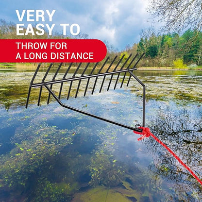 24" Aquatic Weed Rake, No Assembly Required, 8.6" Steel Rod Lake Weed Cutter, One-Piece Welding, Lake Weed Rake for Pond Beach Landscaping, Perfect Tie Hole, 30ft Thicker Rope and Net, Black.