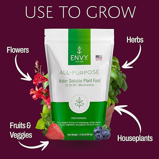 ENVY All-Purpose Plant Fertilizer, 1.5 Pound - Makes 150 Gallons, for Indoor and Outdoor Plants, Pet Safe, Water Soluble, Made in USA