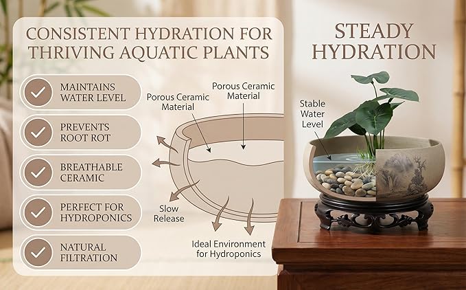 Water Lily Bowl Planter - Narcissus Pot Ceramics Hydroponic Lotus Planter Ceramic Water Lily Pot with Stand No Drainage Plant for Plants Bonsai Display Lucky Bamboo Home Garden Decor Chinese Fish Bowl