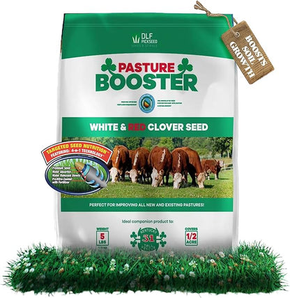DLF Pasture Booster Clover Seed Mixture - Premium Clover Seed for Pastures, Livestock, Horses, Providing Protein & Essential Nutrients Enhance Soil Health - (White & Red Clover) 5 lbs, 0.21 cubic feet
