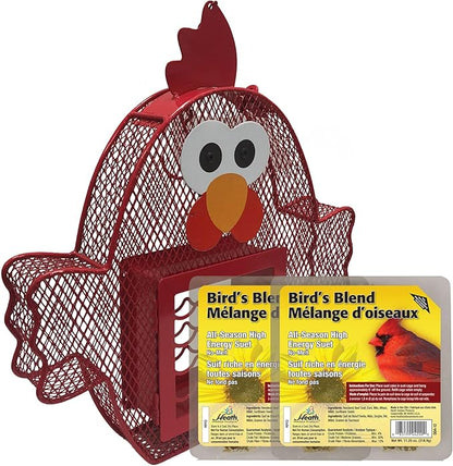Heath Whimsical Chicken Suet 'n Seed Bird Feeder for Sunflower Seeds with 2 Free Bird's Blend Suet Cakes Included, Red