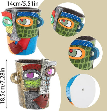 LemonRoad 2 Pcs Abstract Picasso Face Pots Head, Unique Decorative Head Planter with Drainage Modern Mexican Pots for Indoor Outdoor, Funky Gift