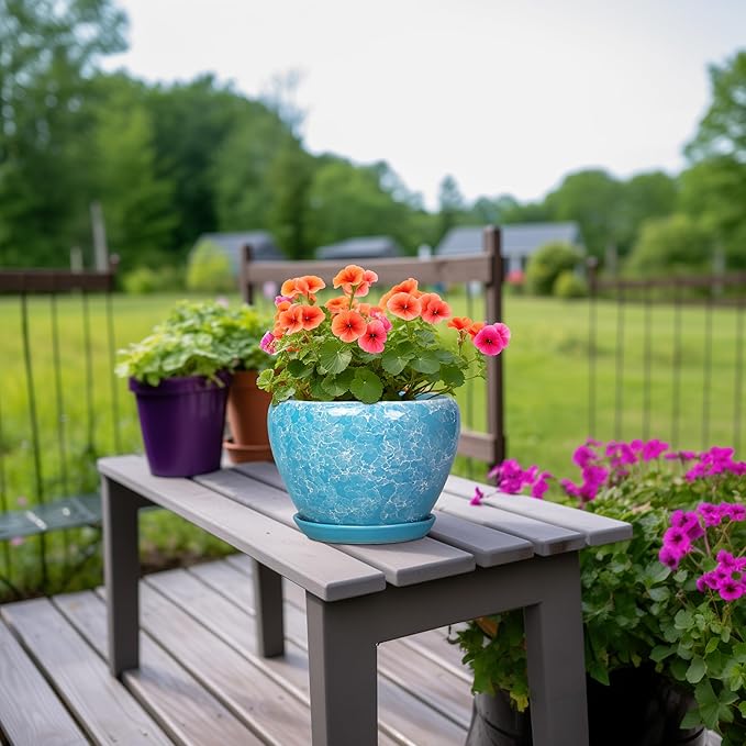 8 Inch Pots for Plants - Ceramic Planters for Indoor Outdoor Plants, Decorative Plant Pots with Drainage Hole and Saucer, Round Indoor Flower Pot, House Decor, Gardening Gifts, Bubble Blue