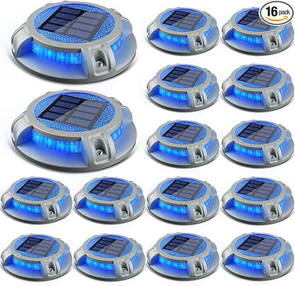SIEDiNLAR Solar Driveway Lights Outdoor 4 Modes 40 LEDs Deck Driveway Markers Waterproof Marine Dock Light for Walkway Pathway Ground Step Garden Yard, Blue/White Dynamic Lighting (16 Pack)