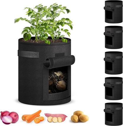 iPower 7 Gallon 5 Pack Potato Grow Bags with Flap and Harvest Window, Garden Planting Pot with Durable Handle, Thickened Nonwoven Fabric Container for Tomato, Carrot, Vegetable and Fruits