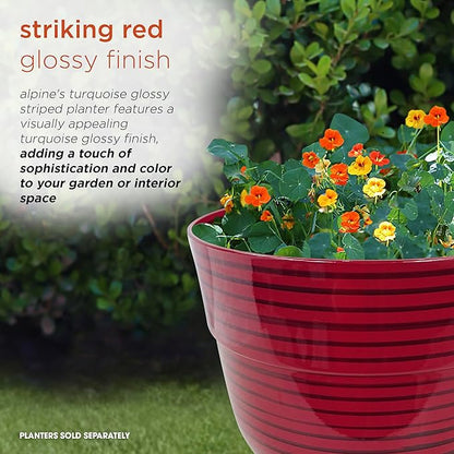 Alpine Corporation TWM120RD Indoor/Outdoor 13" Round Striped Planter, Glossy Planter with Drainage Hole and Plug, Red