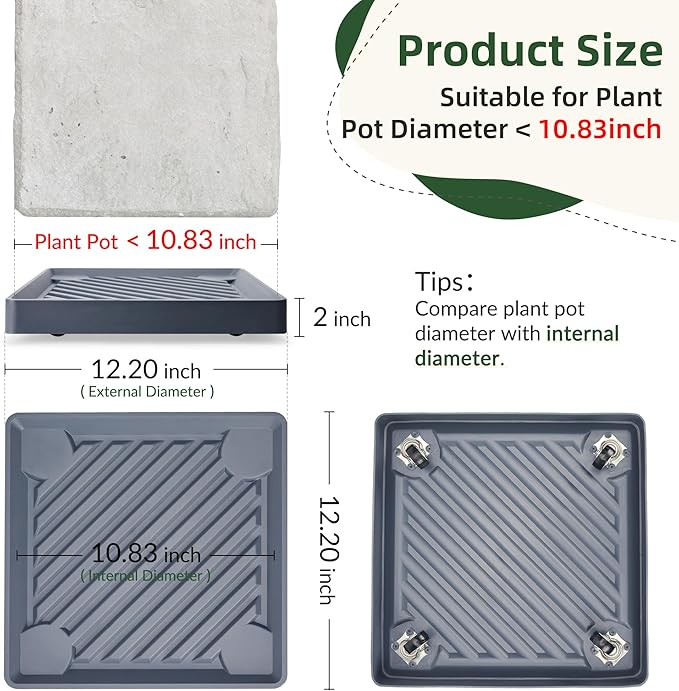 2PCS Square Plant Caddy with Hidden Wheels, Heavy Duty Rolling Plant Stand Caddy with Wheels, Pot Base for Indoor Outdoor, Gray, 12 inches