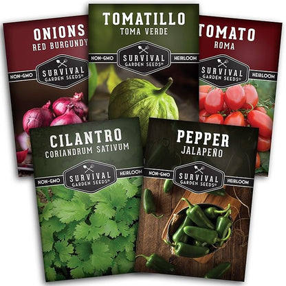 5 Variety Salsa Garden Seed Kit – Seeds for Planting Tomato, Tomatillo, Onion, Jalapeño & Cilantro | Non-GMO Heirloom Collection by Survival Garden Seeds